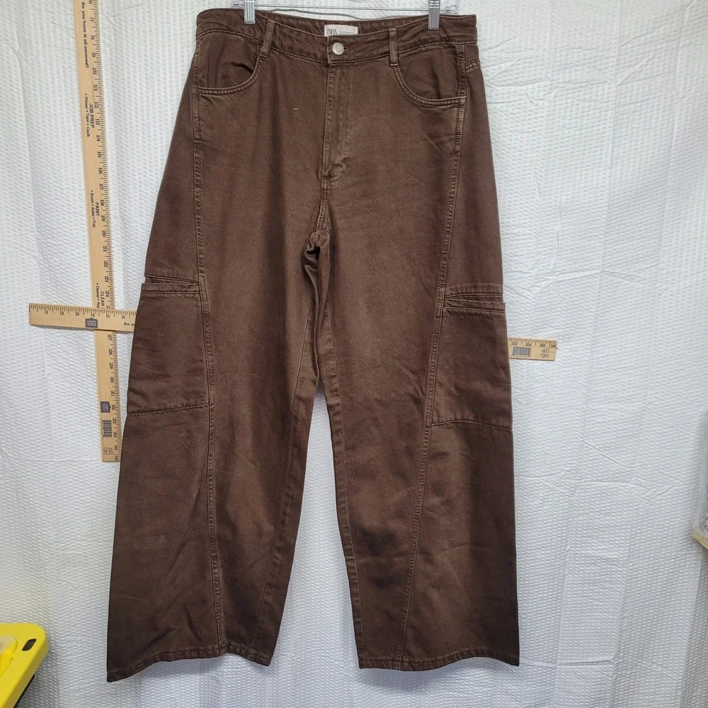 Zara Brown Wide‎ Leg Cargo Pants High Waisted Panelled Denim Trousers Womens 12